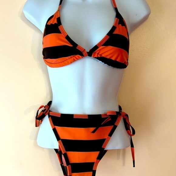 Orange and Black Striped String Bikini Sz OS - Picture 2 of 3